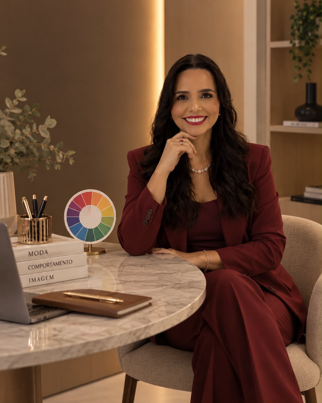Kelly Nogueira em traje bordô no escritório